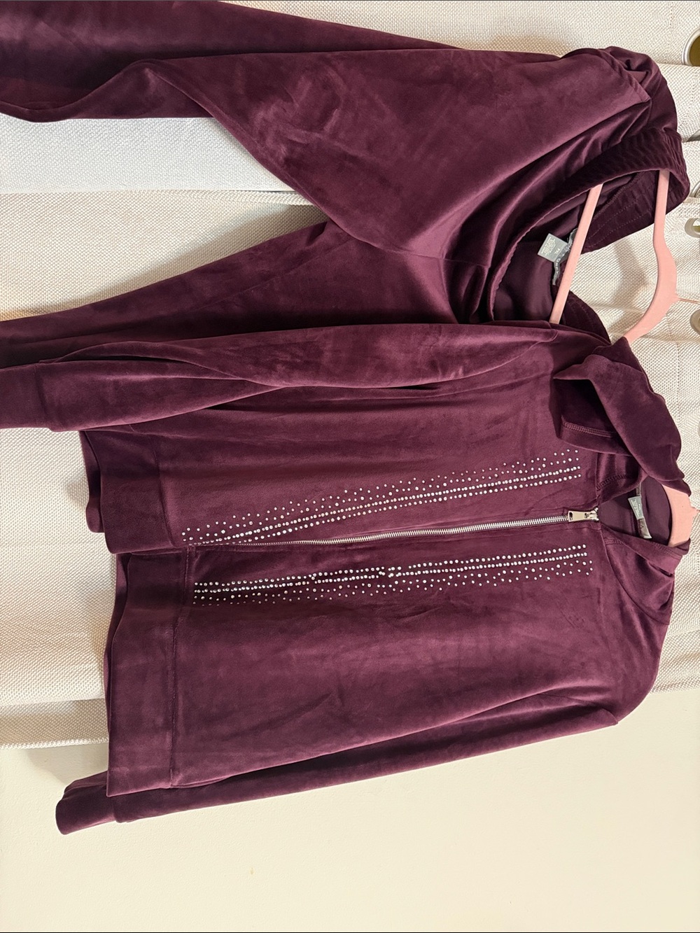 Brand new Set of Plum Velvet Zip-Up Hoodie with Rhinestone Detail with pants